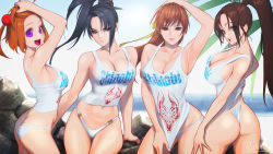 Rule 34 | 4girls, armpits, artist name, ass, bare shoulders, beach, bikini, bikini bottom only, black eyes, black hair, blurry, blurry background, breasts, brown eyes, brown hair, cleavage, closed mouth, cloud, collarbone, commentary request, day, dead or alive, fatal fury, female focus, hair ornament, highleg, highres, kasumi (doa), large breasts, lips, long hair, medium breasts, multiple girls, ninja, ocean, ogin (pachislot), open mouth, orange hair, outdoors, pachislot koumonchama katsu, ponytail, purple eyes, ryohhe, shiranui mai, shirt, signature, simple background, sky, sleeveless, smile, soul calibur, swimsuit, taki (soulcalibur), the king of fighters, thighs, thong bikini, trait connection, water