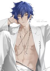 Rule 34 | 1boy, abs, blue hair, blurry, bracelet, chain, chain necklace, ear piercing, earrings, ensemble stars!, feet out of frame, hair between eyes, hand on own head, highres, jacket, jewelry, knee up, looking at viewer, male focus, necklace, no shirt, open clothes, open jacket, pants, parted lips, piercing, rrr (reason), sazanami jun, short hair, simple background, solo, toned, toned male, twitter username, upper body, white background, white jacket, white pants, yellow eyes