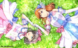 2girls :d blue_dress blue_eyes blue_hairband bow bow_hairband closed_mouth commentary_request cowboy_shot dress elbow_gloves frilled_dress frills gloves hairband highres holding_hands light_brown_hair looking_at_another love_live! love_live!_superstar!! lying medium_dress medium_hair multicolored_clothes multicolored_dress multiple_girls musashiya_chougenbou on_back open_mouth orange_hair pink_bow pink_dress pink_hairband puffy_short_sleeves puffy_sleeves purple_eyes rotational_symmetry shibuya_kanon short_hair short_sleeves sleeveless sleeveless_dress smile tang_keke tiny_stars twitter_username white_dress white_gloves white_sleeves