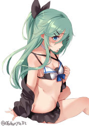 Rule 34 | 1girl, adapted costume, ass, bikini, black ribbon, blue eyes, blush, breasts, butt crack, cropped legs, ebifurya, green hair, hair ribbon, highres, kantai collection, long hair, navel, ponytail, ribbon, shaded face, simple background, small breasts, solo, swimsuit, twitter username, white background, yamakaze (kancolle)