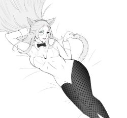 Rule 34 | 1girl, animal ears, blue eyes, bow, bowtie, breasts, cat ears, cat tail, detached collar, final fantasy, final fantasy xiv, fishnet pantyhose, fishnets, greyscale, jamjamstyle, kittysuit, large breasts, leotard, long hair, looking at viewer, lying, monochrome, nontraditional playboy bunny, on side, pantyhose, solo, spot color, strapless, strapless leotard, tail, venat (ff14), wrist cuffs