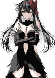 Rule 34 | 1girl, absurdres, akemi homura, akuma homura, bare shoulders, black dress, black gloves, black hair, black thighhighs, bow, breasts, brown eyes, center opening, cleavage, closed mouth, colored inner hair, cowboy shot, crossed arms, detached collar, dress, elbow gloves, gloves, hair bow, highres, large breasts, long hair, looking at viewer, mahou shoujo madoka magica, mahou shoujo madoka magica: hangyaku no monogatari, misteor, multicolored hair, navel, red bow, simple background, smile, solo, strapless, strapless dress, thighhighs, two-tone hair, very long hair, white background, white hair