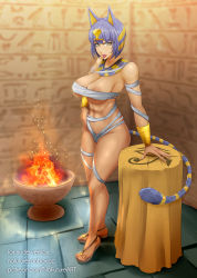 Rule 34 | 1girl, abs, absurdres, animal crossing, animal ears, ankha (animal crossing), areola slip, artist name, bandaged arm, bandaged leg, bandages, bare shoulders, blue hair, blunt bangs, blush, bob cut, bowl, breasts, cat ears, cat girl, cat tail, collarbone, commentary, dark-skinned female, dark skin, egypt, egyptian, egyptian art, egyptian clothes, fire, groin, hair ornament, hand on own hip, hieroglyphics, highres, humanization, indoors, large breasts, looking at viewer, makeup, naked bandage, navel, nintendo, nofuture, personification, sandals, short hair, snake hair ornament, solo, standing, striped tail, table, tail, watermark, web address