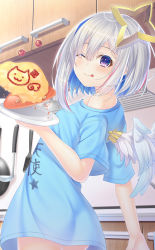 Rule 34 | :p, amane kanata, angel wings, blush, bob cut, colored inner hair, food, fuyu urara, hair ornament, halo, highres, hololive, indoors, looking at viewer, multicolored hair, omelet, omurice, one eye closed, portrait, purple eyes, shirt, silver hair, single hair intake, smile, solo, star halo, streaked hair, t-shirt, tongue, tongue out, virtual youtuber, wings
