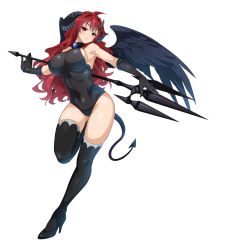 Rule 34 | 1girl, black gloves, black thighhighs, black wings, breasts, cle masahiro, demon girl, demon horns, demon tail, frown, full body, gloves, high heels, highres, holding, holding weapon, horns, kisaragi setsuna, large breasts, leg lift, leotard, long hair, official art, polearm, pumps, red eyes, red hair, sideboob, simple background, solo, tail, thighhighs, trident, valkyrie drive, valkyrie drive -siren-, weapon, white background, wings