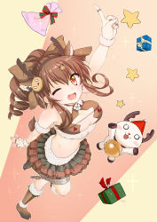 Rule 34 | 1girl, ;d, animal ears, antlers, arm up, bad id, bad pixiv id, boots, bow, breasts, brown bow, brown eyes, brown footwear, brown hair, christmas, cleavage, cleavage cutout, clothing cutout, deer ears, deer tail, drill hair, flower knight girl, full body, gift, hair bow, hair ornament, hairband, hairclip, highres, holly (flower knight girl), horns, index finger raised, knee boots, layered skirt, looking at viewer, medium breasts, miniru, one eye closed, open mouth, ponytail, reindeer, short hair, skirt, smile, solo, star (symbol), tail
