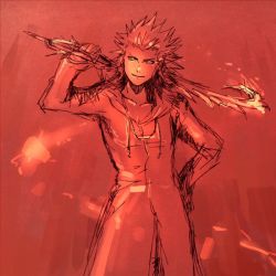 Rule 34 | 1boy, coat, hand on own hip, hirao (hiered), keyblade, kingdom hearts, kingdom hearts 3d dream drop distance, lea (kingdom hearts), male focus, monochrome, red theme, sketch, solo, spoilers, trench coat, weapon