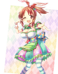 Rule 34 | 10s, 1girl, ;d, abe nana, animal print, breasts, cleavage, dress, gagaga, idolmaster, idolmaster cinderella girls, large breasts, looking at viewer, multicolored clothes, multicolored dress, one eye closed, open mouth, pointing, pointing at viewer, rabbit print, smile, solo, standing, striped clothes, striped thighhighs, thighhighs, wink