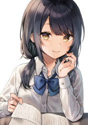 Rule 34 | 1girl, black hair, blue bow, bow, breasts, brown eyes, closed mouth, collared shirt, commentary request, dress shirt, hair over shoulder, hand up, long hair, long sleeves, looking at viewer, low twintails, midorikawa you, original, school uniform, shirt, simple background, small breasts, smile, solo, twintails, upper body, white background, white shirt