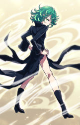 Rule 34 | 1girl, ang, bare legs, black dress, boots, curly hair, dress, green eyes, green hair, hands on own hips, impossible clothes, impossible dress, long sleeves, matching hair/eyes, one-punch man, short hair, solo, tatsumaki, telekinesis, wind