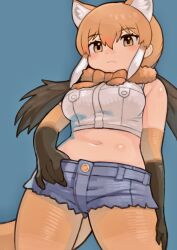 Rule 34 | 1girl, :&lt;, bare shoulders, blush, bow, bowtie, brown gloves, brown hair, cowboy shot, cutoffs, denim, denim shorts, elbow gloves, extra ears, from below, fur collar, gloves, hand in pants, highres, kemono friends, kemono friends 3, looking at viewer, maned wolf (kemono friends), midriff, navel, orange bow, orange bowtie, orange eyes, orange fur, orange gloves, orange hair, orange pantyhose, pantyhose, rinx, shirt, short shorts, shorts, sidelocks, sleeveless, solo, twintails, two-tone gloves, white hair, white shirt