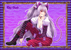 Rule 34 | &gt;:), 1girl, adapted costume, animal ears, bad id, bad pixiv id, bell, boots, bow, breasts, buckle, choker, cleavage, collar, collarbone, female focus, fujiwara no mokou, hair bow, jingle bell, large breasts, leg up, long hair, looking at viewer, mouse ears, mouse tail, nail polish, pants, ponytail, purple nails, purple theme, red eyes, shirt, silver hair, sitting, smirk, solo, straight hair, striped, tail, touhou, v-shaped eyebrows, very long hair, yuuka nonoko