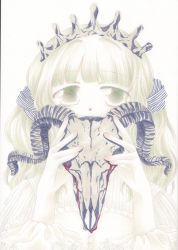 Rule 34 | 1girl, blood, bloody tears, blue scrunchie, blunt bangs, covered mouth, crown, dot nose, frilled shirt, frills, futaba sana, green eyes, green hair, hands up, highres, holding, holding skull, horns, kinoji, long sleeves, looking at viewer, magia record: mahou shoujo madoka magica gaiden, mahou shoujo madoka magica, portrait, ram skull, scrunchie, sheep horns, shirt, signature, simple background, skull, solo, striped clothes, striped scrunchie, striped shirt, twintails, vertical-striped clothes, vertical-striped shirt, wavy hair, white background, white shirt