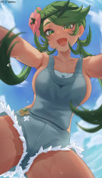 Rule 34 | 1girl, :d, blue sky, breasts, cloud, collarbone, creatures (company), day, eyes visible through hair, fang, flower, game freak, green eyes, green hair, hair flower, hair ornament, highres, jtveemo, large breasts, long hair, looking at viewer, mallow (pokemon), naked overalls, nintendo, open mouth, overalls, pokemon, pokemon sm, skin fang, sky, smile, solo, sweat, thighs, twintails