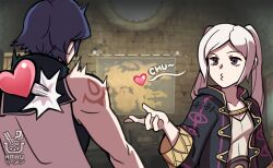 1boy 1girl black_robe blowing_kiss blue_hair breasts brown_eyes chrom_(fire_emblem) collarbone commentary english_commentary fire_emblem fire_emblem_awakening frieren_blowing_a_kiss hakuramen hand_up heart indoors long_hair looking_at_another map nintendo open_clothes open_robe parody robe robin_(female)_(fire_emblem) robin_(fire_emblem) short_hair small_breasts sousou_no_frieren twintails white_hair world_map