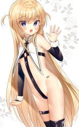 Rule 34 | 1girl, :d, barcode, bare shoulders, black thighhighs, blonde hair, blush, bridal gauntlets, commentary request, cross bikini, crotch strap, fang, floral background, groin, gyozanuko, hair between eyes, highres, long hair, looking at viewer, o-ring, open mouth, original, purple eyes, revealing clothes, simple background, smile, solo, thigh strap, thighhighs, two side up, very long hair, white background