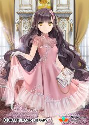 Rule 34 | 1girl, book, bow, bracelet, brown eyes, brown hair, company name, copyright name, curtains, dress, gloves, hair bow, holding, holding book, ice (ice aptx), indoors, jewelry, long hair, looking at viewer, matching hair/eyes, official art, pink dress, pointy ears, qurare magic library, rug, skirt hold, smile, solo, standing, very long hair, watermark, white gloves, window
