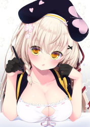 Rule 34 | 1girl, black gloves, black headwear, black jacket, breast rest, breasts, brown hair, cleavage, cleavage cutout, clothing cutout, collarbone, flower, frills, gloves, gradient background, hair flower, hair ornament, half gloves, hands up, heart, heart print, holding, holding pen, indie virtual youtuber, jacket, large breasts, long hair, looking at viewer, original, parted lips, pen, sasahara wakaba, solo, virtual youtuber, x hair ornament, yellow eyes