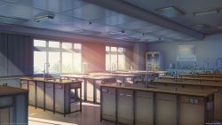 Rule 34 | artist name, cabinet, ceiling light, classroom, highres, mb0sco, mixed-language commentary, no humans, original, roomscape, scenery, school, shadow, watermark, window