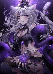 Rule 34 | 1girl, absurdres, animal ear fluff, animal ears, black nail polish, black nails, breasts, cat ears, cat girl, cat tail, cloak, crown, fur cloak, highres, indie virtual youtuber, jewelry, large breasts, long hair, looking at viewer, nail polish, necromancer, nekomancer, nekomancervt, persephone, purple eyes, queen, tail, virtual youtuber, white hair, witch, yellow eyes