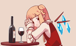 Rule 34 | 1girl, alcohol, blonde hair, bottle, brown eyes, cup, drinking glass, flandre scarlet, highres, looking at viewer, pointy ears, short hair, short ponytail, side ponytail, sitting, solo, table, touhou, wine, wine bottle, wine glass, yoruny