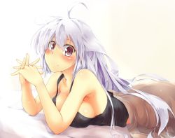 Rule 34 | 1girl, ahoge, animal ears, bare shoulders, bed sheet, blanket, blush, breasts, brown eyes, large breasts, long hair, looking at viewer, lying, on stomach, original, own hands clasped, own hands together, rinrin (927413), sideboob, silver hair, smile, solo, tank top