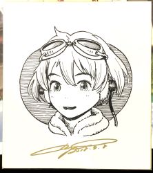 Rule 34 | 1girl, absurdres, dated, fur-trimmed jacket, fur trim, goggles, goggles on head, greyscale, hair between eyes, headphones, highres, jacket, looking at viewer, marker (medium), monochrome, murata range, open mouth, original, outside border, photo (medium), portrait, shikishi, short hair, signature, smile, solo, traditional media