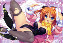 Rule 34 | 1girl, absurdres, animal ears, blue eyes, breasts, bura bura, cameltoe, coat, coffee cat, fake animal ears, fishnet thighhighs, fishnets, highres, large breasts, leotard, long hair, minase nakaba, open mouth, orange hair, playboy bunny, rabbit ears, scarf, solo, spread legs, thighhighs, torn clothes, torn thighhighs, wrist cuffs