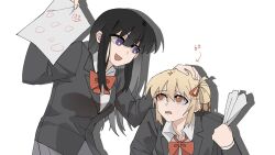 Rule 34 | 2girls, black hair, black jacket, blonde hair, bright pupils, chinese commentary, collared shirt, commentary request, grey skirt, hair ribbon, highres, holding, holding paper, inoue takina, jacket, long hair, long sleeves, looking at another, lycoris recoil, medium hair, multiple girls, nishikigi chisato, one side up, open mouth, orange eyes, paper, parted lips, pleated skirt, purple eyes, red ribbon, ribbon, school uniform, shadow, shirt, simple background, skirt, smirk, test score, white background, white pupils, white shirt, yanlingjinshilihuahua
