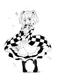 Rule 34 | 1girl, :d, bell, boots, character name, checkered clothes, checkered kimono, finger to own chin, full body, greyscale, hair bell, hair ornament, japanese clothes, kimono, looking at viewer, monochrome, motoori kosuzu, open mouth, pigeon-toed, smile, tanasuke, touhou, two side up