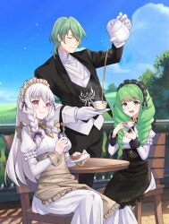 Rule 34 | 2girls, alternate costume, apron, braided sidelock, byleth (fire emblem), byleth (male) (fire emblem), chair, closed eyes, cup, dessert, drill hair, enlightened byleth (male), fire emblem, fire emblem: three houses, fire emblem heroes, flayn (fire emblem), food, fork, gloves, green eyes, green hair, hair over shoulder, highres, holding, holding cup, holding teapot, igni tion, long hair, lysithea von ordelia, lysithea von ordelia (tea party), maid headdress, multiple girls, nintendo, official alternate costume, official alternate hairstyle, open mouth, pouring, purple eyes, serving, short hair, sitting, smile, teacup, teapot, white gloves, white hair