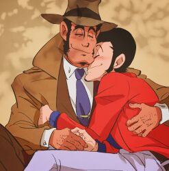 Rule 34 | 2boys, arsene lupin iii, belt, blue shirt, blush, brown background, brown belt, brown coat, brown headwear, cleft chin, closed eyes, coat, hand hair, highres, holding hands, hug, jacket, knuckle hair, long sideburns, lupin iii, male focus, mature male, multiple boys, necktie, nowit7hotter, pants, purple necktie, red jacket, shirt, short hair, sideburns, sitting, smile, trench coat, white pants, white shirt, yaoi, zenigata kouichi