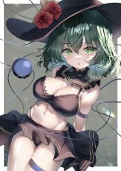 Rule 34 | 1girl, absurdres, armband, black hat, breasts, bright pupils, chestnut mouth, commentary, detached collar, dfra, eyeball, green eyes, green hair, hat, hat ribbon, heart, heart-shaped pupils, heart of string, highres, komeiji koishi, large breasts, legband, medium hair, panties, ribbon, skirt, solo, symbol-shaped pupils, third eye, touhou, underwear, yellow ribbon