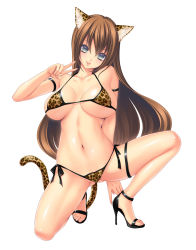 Rule 34 | 1girl, animal ears, animal print, bad id, bad pixiv id, bikini, blue eyes, blush, breasts, brown hair, cat ears, cat girl, cat tail, cleavage, female focus, green eyes, high heels, highres, large breasts, leopard print, long hair, looking at viewer, momoi komomo, navel, original, sandals, simple background, smile, solo, spread legs, squatting, swimsuit, tail, v, white background