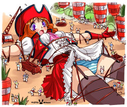 Rule 34 | 1girl, absurdres, assisted exposure, bdsm, blush, bondage, bound, clothes lift, commentary request, dress, embarrassed, gulliver&#039;s travels, highres, minimized, orange hair, panties, pantyshot, purple eyes, rabbit, size difference, skirt, skirt lift, striped clothes, striped panties, teruchan, thighhighs, underwear, upskirt