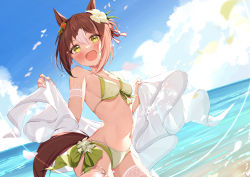Rule 34 | 1girl, :d, animal ears, arm strap, bare shoulders, bikini, blue sky, blush, bow, breasts, brown hair, cloud, collarbone, cowboy shot, day, fine motion (umamusume), flower, green bikini, green bow, hair flower, hair ornament, highres, holding, horse ears, horse girl, horse tail, looking at viewer, multicolored hair, navel, ocean, open mouth, outdoors, petals, saboten mushi, short hair, sky, small breasts, smile, solo, stomach, swimsuit, tail, thigh strap, two-tone hair, umamusume, water, white flower, white hair, yellow eyes