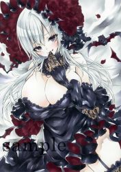 Rule 34 | 1girl, :q, arim0k0, bare shoulders, bat (animal), black dress, black gloves, black nails, black thighhighs, breasts, cleavage, closed mouth, clothes pull, detached collar, dress, dress pull, elbow gloves, fingernails, garter straps, gloves, grey eyes, headdress, highres, huge breasts, long fingernails, long hair, looking at viewer, nail polish, original, pulled by self, sample watermark, solo, thighhighs, tongue, tongue out, traditional media, vampire, watermark, white hair