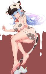 Rule 34 | 1girl, 2021, absurdres, animal costume, animal ears, animal print, bare legs, bare shoulders, barefoot, blue hair, chinese zodiac, cow, cow costume, cow ears, cow girl, cow hat, cow hood, cow horns, cow print, cow tail, draph, ear piercing, feet, granblue fantasy, highres, horns, long hair, looking at viewer, micro shorts, nipples, no bra, no panties, panana, piercing, see-through, catura (granblue fantasy), see-through, shorts, soles, swimsuit, tail, toes, year of the ox