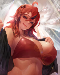 Rule 34 | 1girl, :q, ahoge, bikini, breasts, cleavage, cross hair ornament, female focus, hair ornament, highres, huge breasts, long hair, looking at viewer, open clothes, original, red bikini, red eyes, red hair, smile, solo, swimsuit, tongue, tongue out, upper body, wow (cor369)