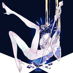 Rule 34 | 1other, androgynous, blue eyes, blue hair, blunt bangs, crystal, full body, gem, golden arms, heterochromia, high heels, highres, houseki no kuni, lapis lazuli (stone), looking at viewer, necktie, phosphophyllite, phosphophyllite (ll), plantar flexion, see-through, shards, short hair, smile, solo, spoilers, sword, thighhighs, weapon, white eyes