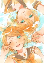 Rule 34 | 1boy, 1girl, absurdres, afloat, aqua eyes, aqua nails, bare shoulders, black collar, blonde hair, bow, brother and sister, collar, commentary, crop top, from above, hair bow, hair ornament, hairclip, hand up, highres, holding hands, kagamine len, kagamine rin, looking at viewer, nail polish, neckerchief, nidozuke, one eye closed, open mouth, ripples, sailor collar, school uniform, shirt, short hair, short sleeves, siblings, smile, spiked hair, swept bangs, symmetry, twins, vocaloid, water, white bow, white shirt, yellow neckerchief