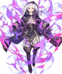 Rule 34 | 1girl, aura, belt, boots, brown footwear, buttons, chyko7080, dark aura, detached sleeves, fire emblem, fire emblem awakening, fire emblem heroes, full body, glowing, glowing eyes, grima (fire emblem), highres, hood, knee boots, long coat, long hair, long sleeves, looking at viewer, multiple belts, nintendo, official art, pants, parted bangs, parted lips, red eyes, robin (female) (fire emblem), robin (fire emblem), silver hair, smile, solo, transparent background, twintails, wizard