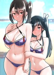 Rule 34 | 2girls, adapted costume, asymmetrical hair, beach, bikini, black hair, blue sky, blurry, blurry background, breasts, commentary, commission, day, furaggu (frag 0416), grey eyes, hair over one eye, hair ribbon, hayashimo (kancolle), highres, holding hands, kantai collection, large breasts, long hair, looking at viewer, matching outfits, medium breasts, multiple girls, nachi (kancolle), navel, one side up, outdoors, pixiv commission, purple bikini, ribbon, side ponytail, sky, standing, swimsuit, very long hair, white ribbon