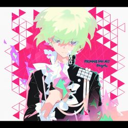 Rule 34 | 1boy, absurdres, ascot, bad id, bad pixiv id, belt, black gloves, black jacket, blonde hair, earrings, fire, gloves, green hair, half gloves, highres, jacket, jewelry, kizashima shizaki, letterboxed, lio fotia, looking at viewer, male focus, open mouth, promare, purple eyes, solo