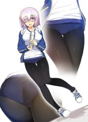 Rule 34 | 1girl, :d, alternate costume, ass, black pantyhose, blue buruma, blue jacket, breasts, buruma, cameltoe, fate/grand order, fate (series), glasses, hair over one eye, holding, jacket, knees together feet apart, long sleeves, looking at viewer, mash kyrielight, medium breasts, multiple views, namonashi, one eye covered, open mouth, pantyhose, pantyhose under buruma, pink hair, purple eyes, shirt, shoes, simple background, smile, thermos, thigh gap, white background, white shirt
