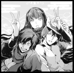 Rule 34 | 1girl, 2boys, anger vein, buttons, commentary request, double v, fate/grand order, fate (series), greyscale, hair between eyes, hair over one eye, hat, koha-ace, long hair, long sleeves, looking at viewer, monochrome, multiple boys, okada izou (fate), open mouth, oryou (fate), sakamoto ryouma (fate), star (symbol), sweat, syatey, upper body, v
