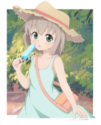 1girl bag bare_shoulders breasts dated dot_nose dress feet_out_of_frame female_focus food green_eyes grey_hair handbag hat highres holding holding_food looking_at_viewer open_mouth popsicle small_breasts solo standing yama_no_susume yukimura_aoi