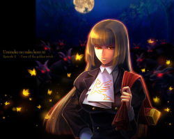 Rule 34 | 07th expansion, 1girl, ascot, bad id, bad pixiv id, breasts, brown hair, bug, butterfly, dress, full moon, glowing, glowing eyes, goatman (umineko), gold, hand on own hip, hime cut, hip focus, insect, large breasts, long hair, moon, night, no naku koro ni (series), nomo (16 16), red eyes, tree, umineko no naku koro ni, ushiromiya rosa