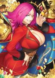 Rule 34 | 10s, 1girl, ass, azusa (hws), blue eyes, breasts, cleavage, epaulettes, fate/extra, fate/grand order, fate (series), francis drake (fate), gem, gold, grin, huge breasts, jewelry, necklace, one eye closed, pink hair, red gemstone, scar, smile, solo