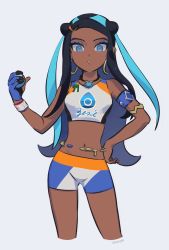 Rule 34 | 1girl, armlet, artist name, belly chain, bike shorts, black hair, blue eyes, blue eyeshadow, chiyo (ppp 808), commentary request, creatures (company), dark-skinned female, dark skin, dive ball, dynamax band, earrings, eyeshadow, game freak, gloves, grey background, gym leader, hand on own hip, hand up, highres, holding, holding poke ball, hoop earrings, jewelry, long hair, looking at viewer, makeup, multicolored hair, navel, necklace, nessa (pokemon), nintendo, parted lips, poke ball, pokemon, pokemon swsh, single glove, solo, two-tone hair, watermark
